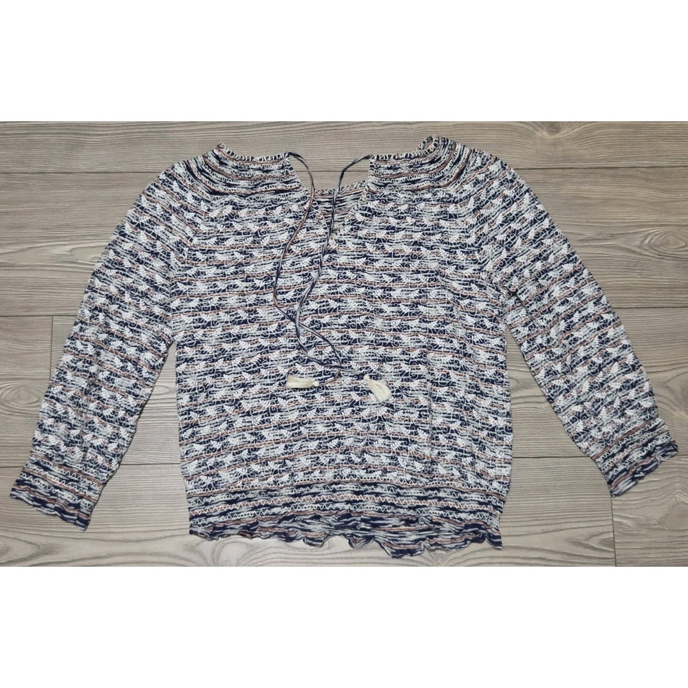 Tory Burch Blouse Top 6 Fern Embroidery Smocked Waist Tassels Blue Ivory Nadia